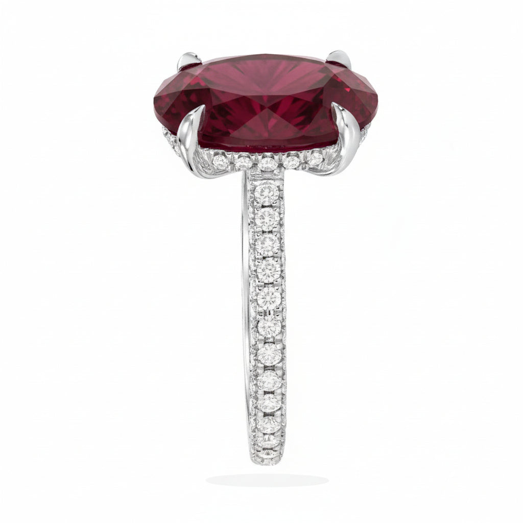 Oval Lab Ruby & Diamond Cathedral Style Engagement Ring 18K White Gold (5.60ct)
