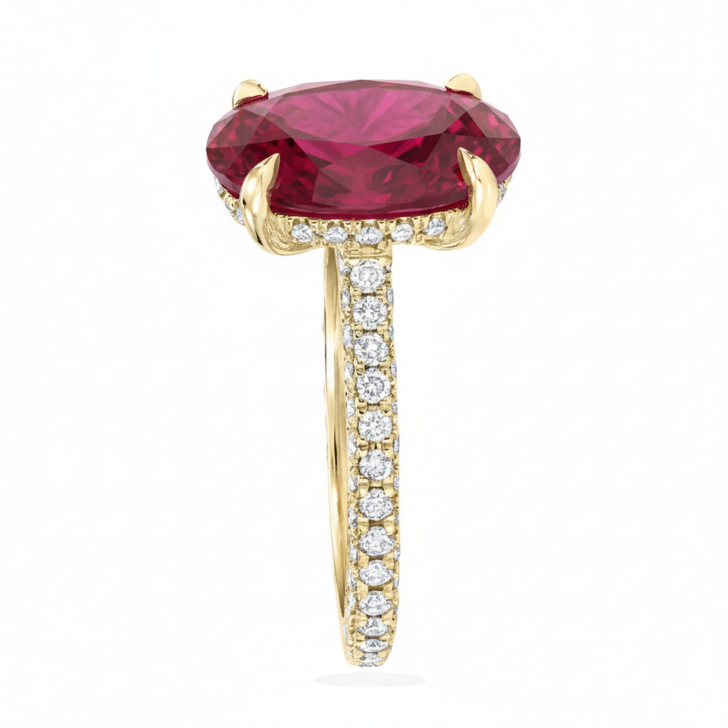 Oval Lab Ruby & Diamond Cathedral Style Engagement Ring 18K Yellow Gold (5.60ct)