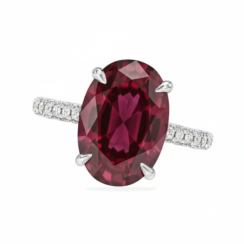 Oval Lab Ruby & Diamond Cathedral Style Engagement Ring in Platinum (5.60ct)