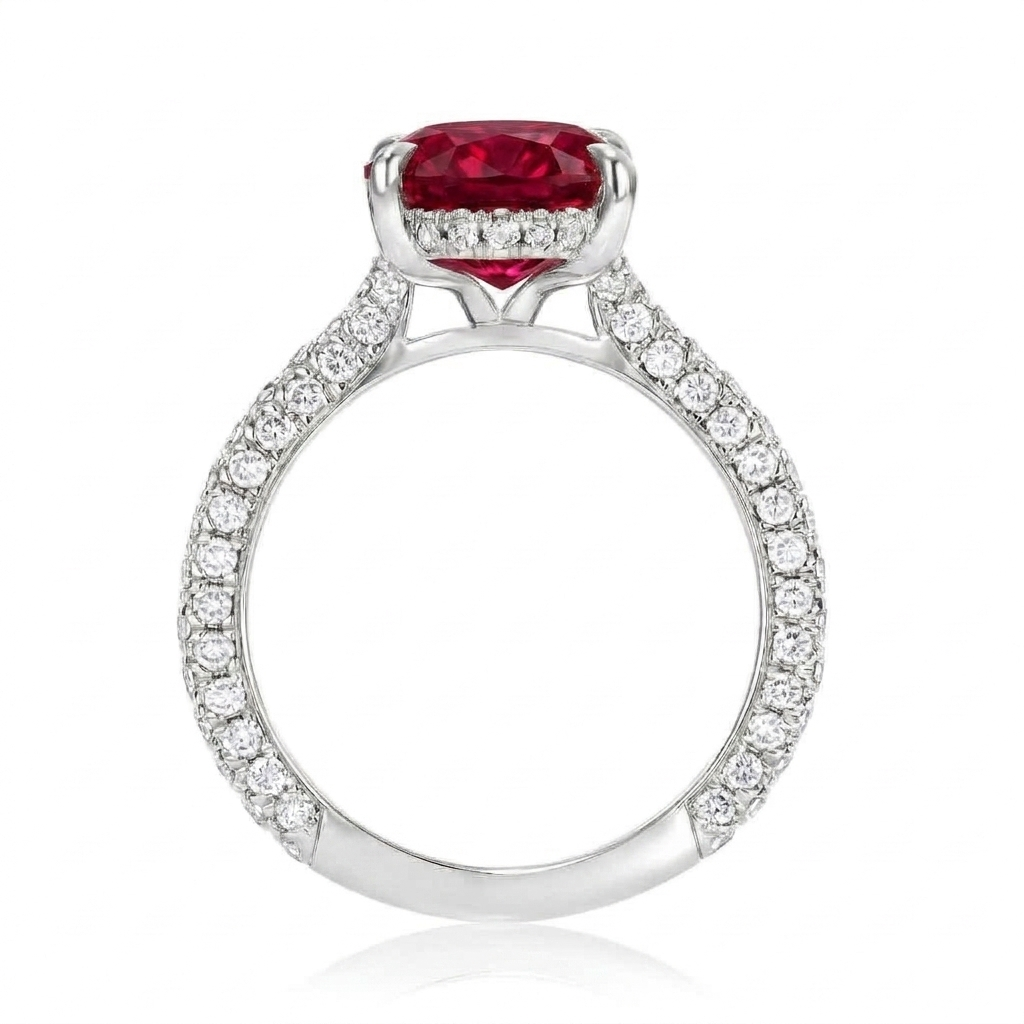 Oval Lab Ruby & Diamond Cathedral Style Engagement Ring in Platinum (5.60ct)