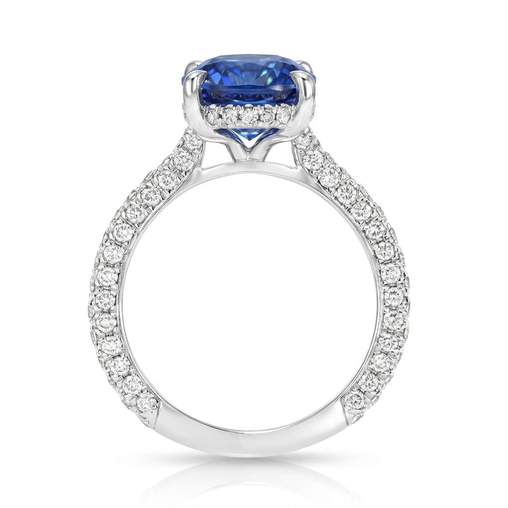 Oval Lab Blue Sapphire & Diamond Cathedral Style Engagement Ring 18K White Gold (5.60ct)