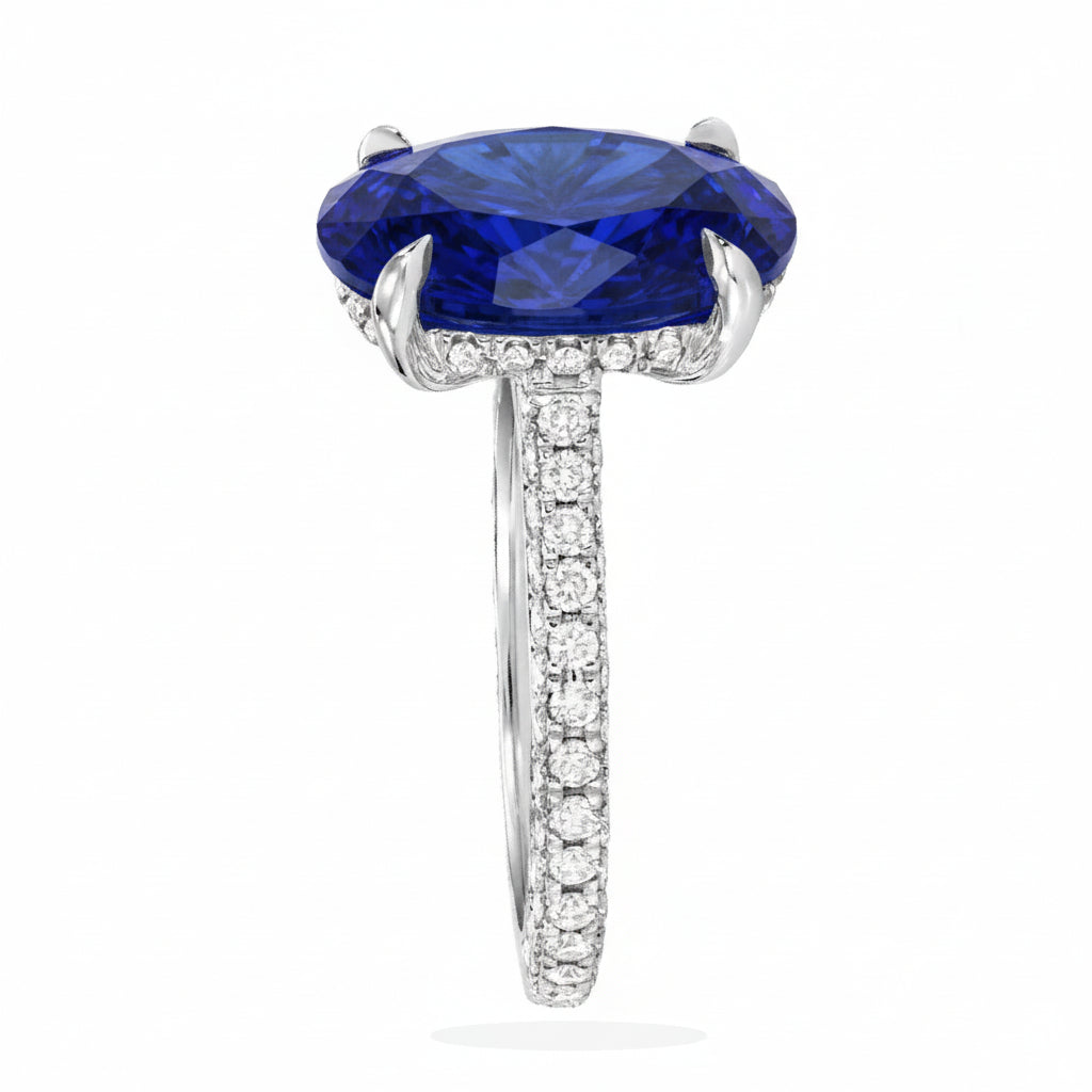 Oval Lab Blue Sapphire & Diamond Cathedral Style Engagement Ring 18K White Gold (5.60ct)