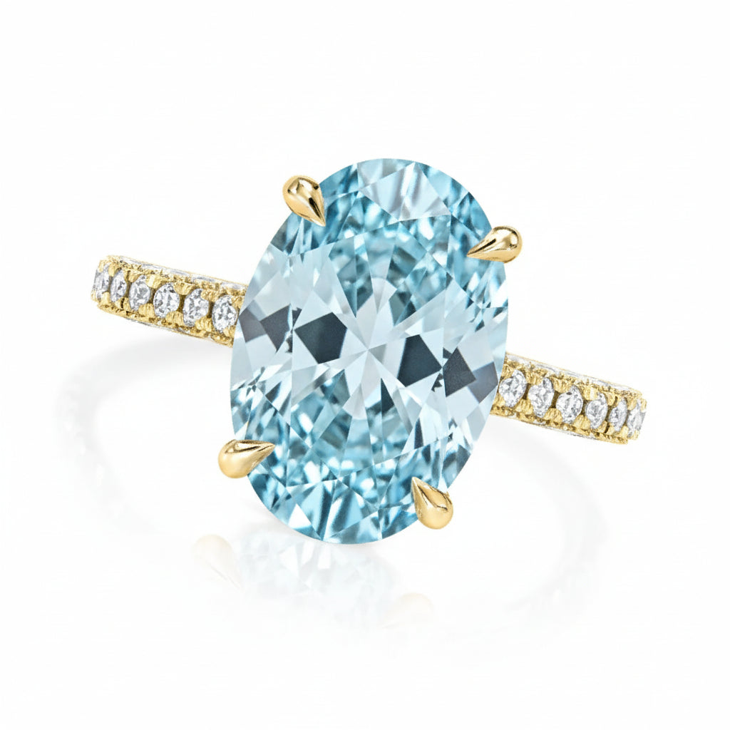 Oval Lab Aquamarine & Diamond Cathedral Style Engagement Ring 18K Yellow Gold (4.15ct)