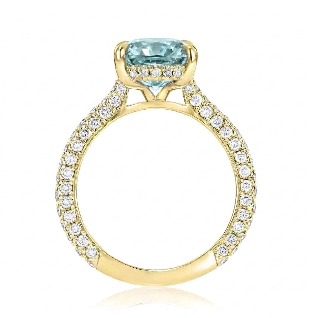 Oval Lab Aquamarine & Diamond Cathedral Style Engagement Ring 18K Yellow Gold (4.15ct)