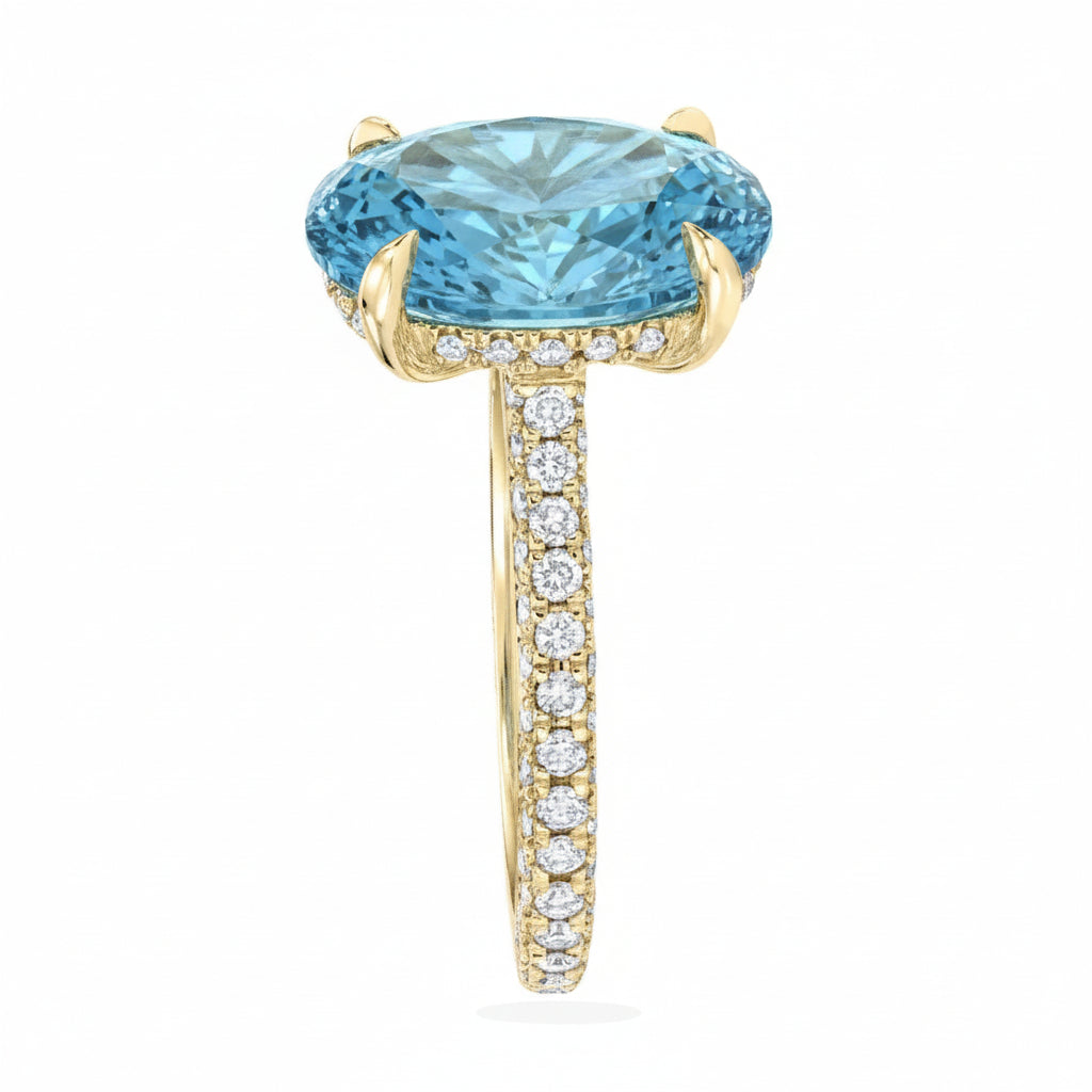Oval Lab Aquamarine & Diamond Cathedral Style Engagement Ring 18K Yellow Gold (4.15ct)