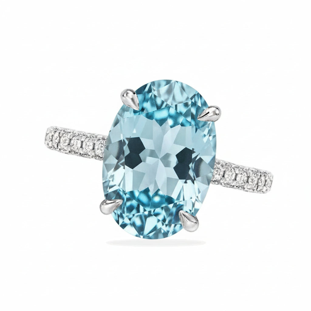 Oval Lab Aquamarine & Diamond Cathedral Style Engagement Ring in Platinum (4.15ct)
