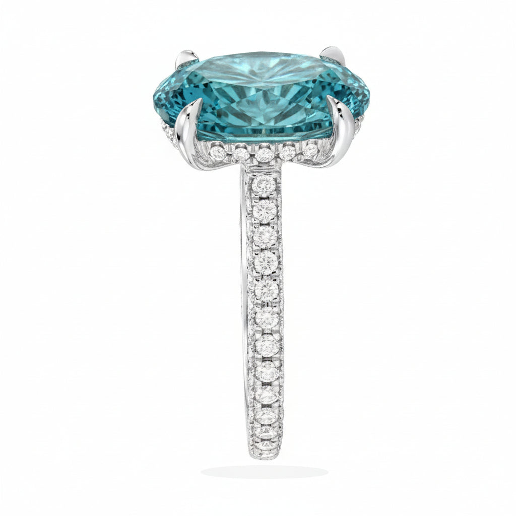 Oval Lab Aquamarine & Diamond Cathedral Style Engagement Ring in Platinum (4.15ct)