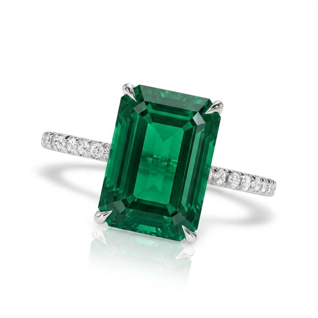 Lab Emerald & Diamond Solitaire Engagement Ring 18K White Gold (5.60ct)