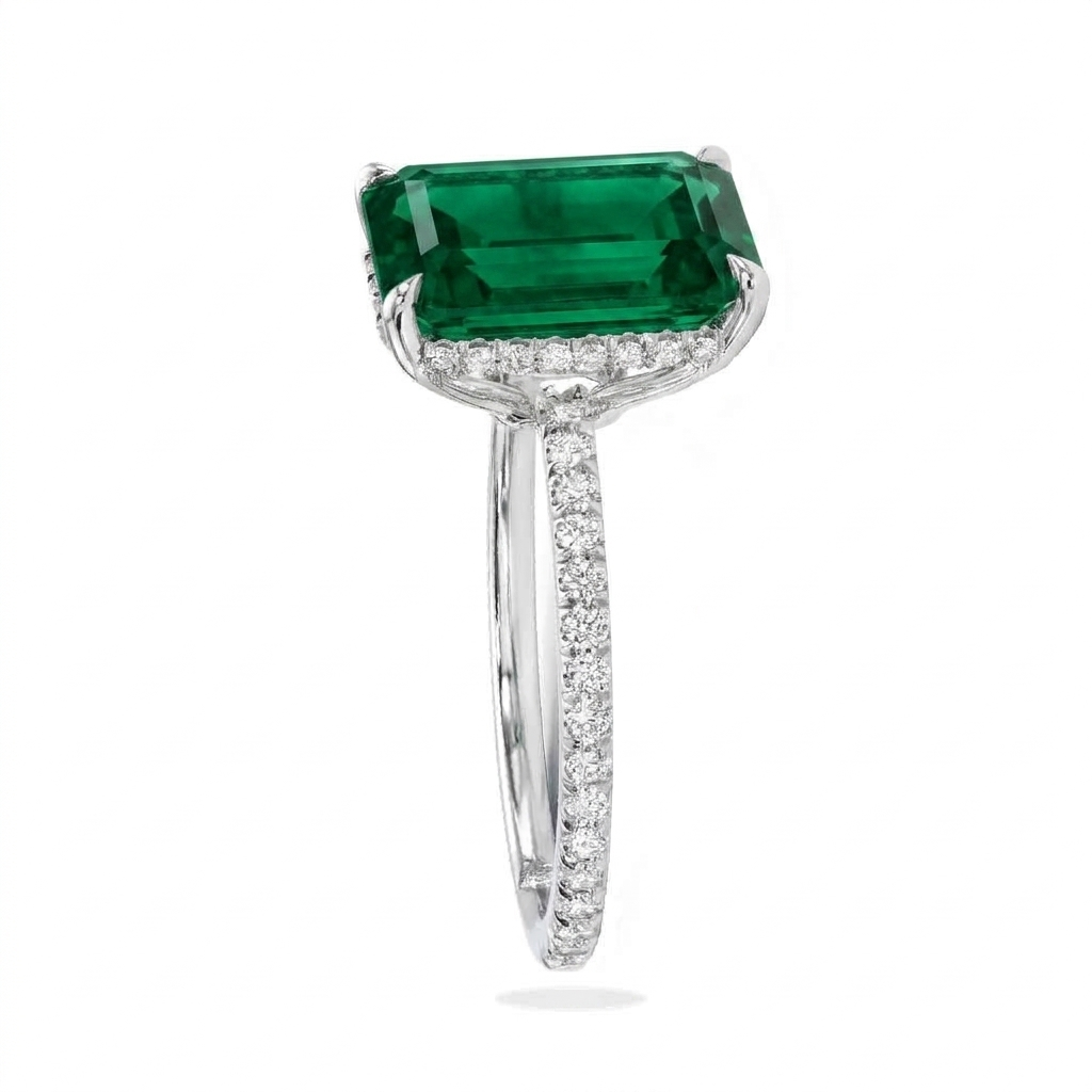 Lab Emerald & Diamond Solitaire Engagement Ring 18K White Gold (5.60ct)