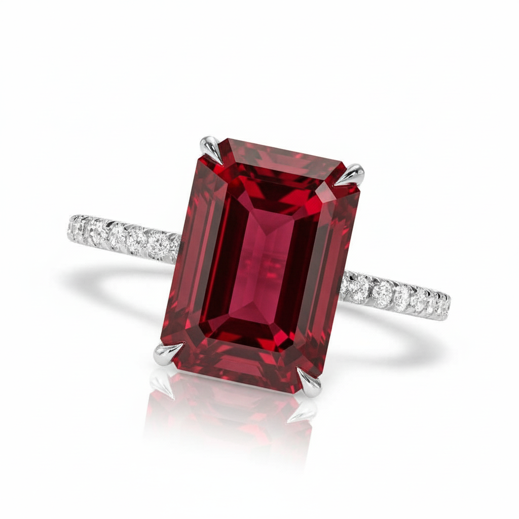 Emerald Cut Lab Ruby & Diamond Solitaire Engagement Ring 18K White Gold (7.75ct)