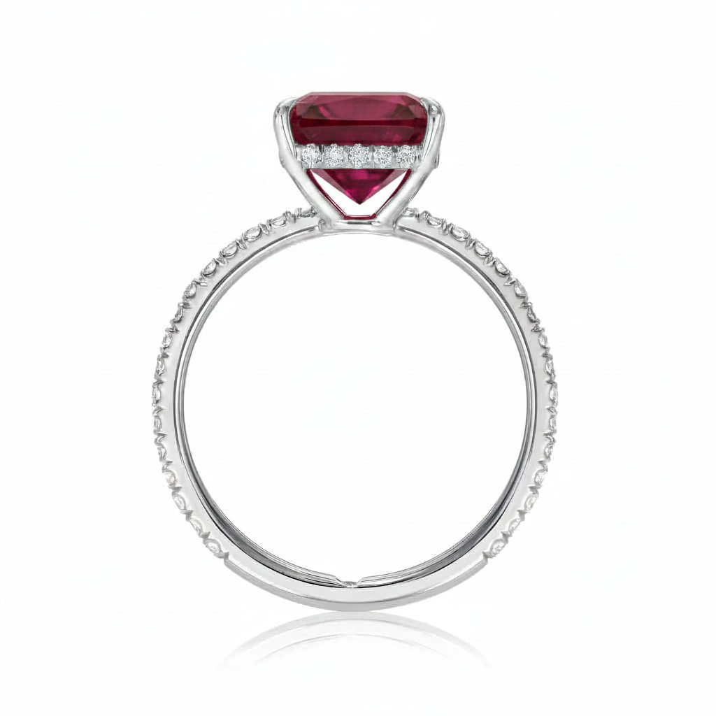 Emerald Cut Lab Ruby & Diamond Solitaire Engagement Ring 18K White Gold (7.75ct)