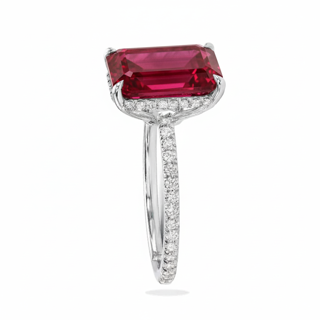 Emerald Cut Lab Ruby & Diamond Solitaire Engagement Ring 18K White Gold (7.75ct)