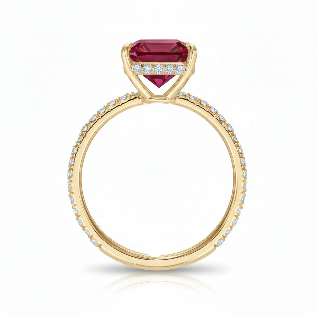 Emerald Cut Lab Ruby & Diamond Solitaire Engagement Ring 18K Yellow Gold (7.75ct)