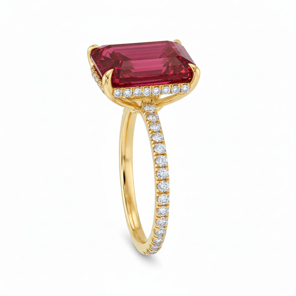 Emerald Cut Lab Ruby & Diamond Solitaire Engagement Ring 18K Yellow Gold (7.75ct)