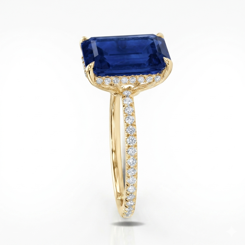 Emerald Cut Lab Blue Sapphire & Diamond Solitaire Engagement Ring 18K Yellow Gold (7.75ct)