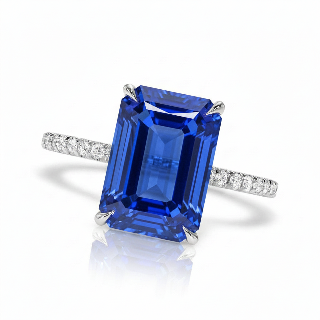 Emerald Cut Lab Blue Sapphire & Diamond Solitaire Engagement Ring in Platinum (7.75ct)