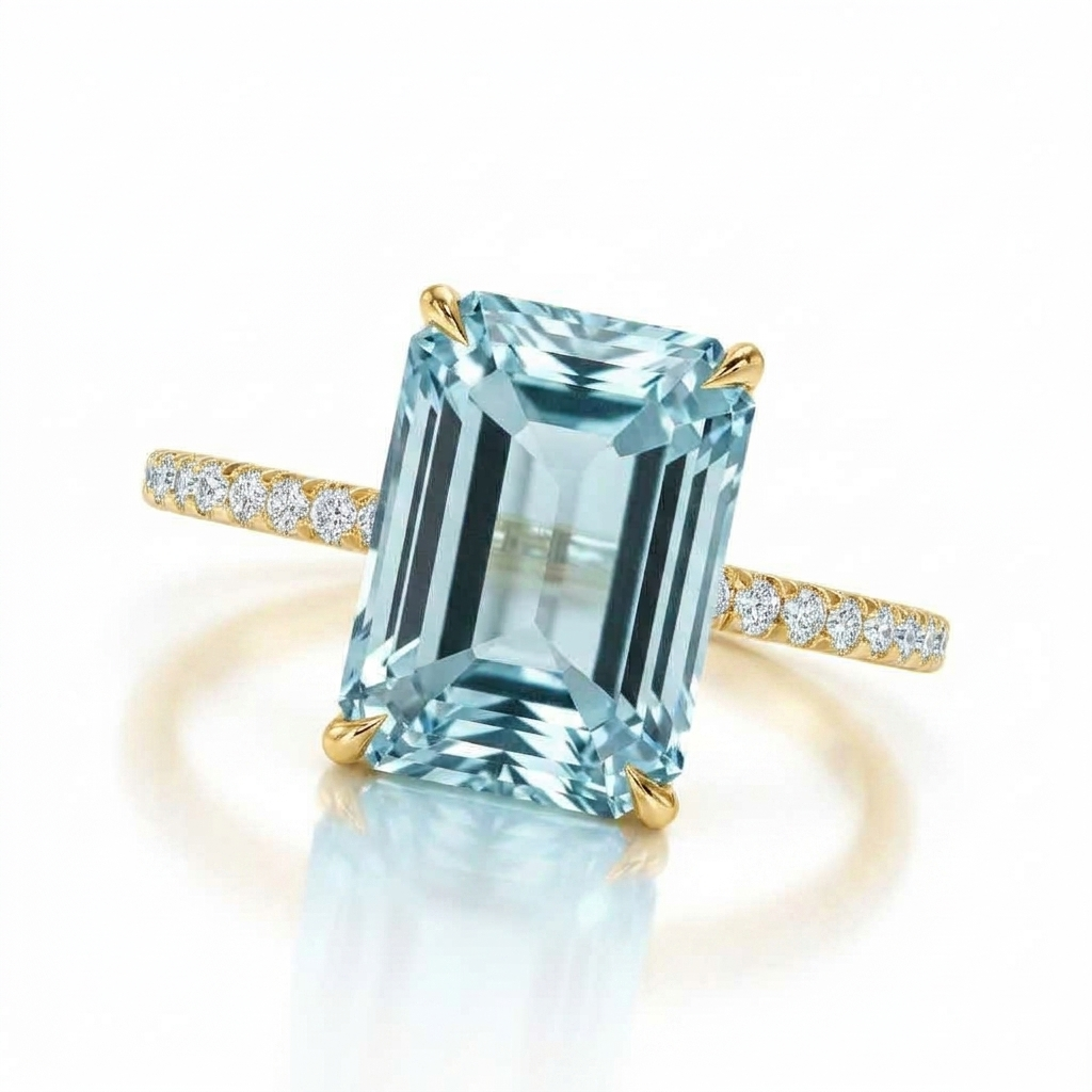 Emerald Cut Lab Aquamarine & Diamond Solitaire Engagement Ring 18K Yellow Gold (5.55ct)