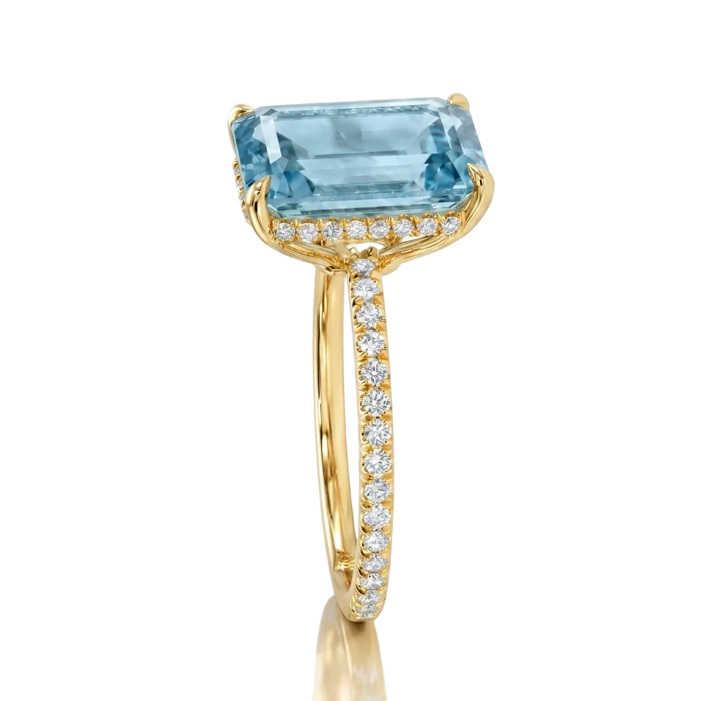 Emerald Cut Lab Aquamarine & Diamond Solitaire Engagement Ring 18K Yellow Gold (5.55ct)