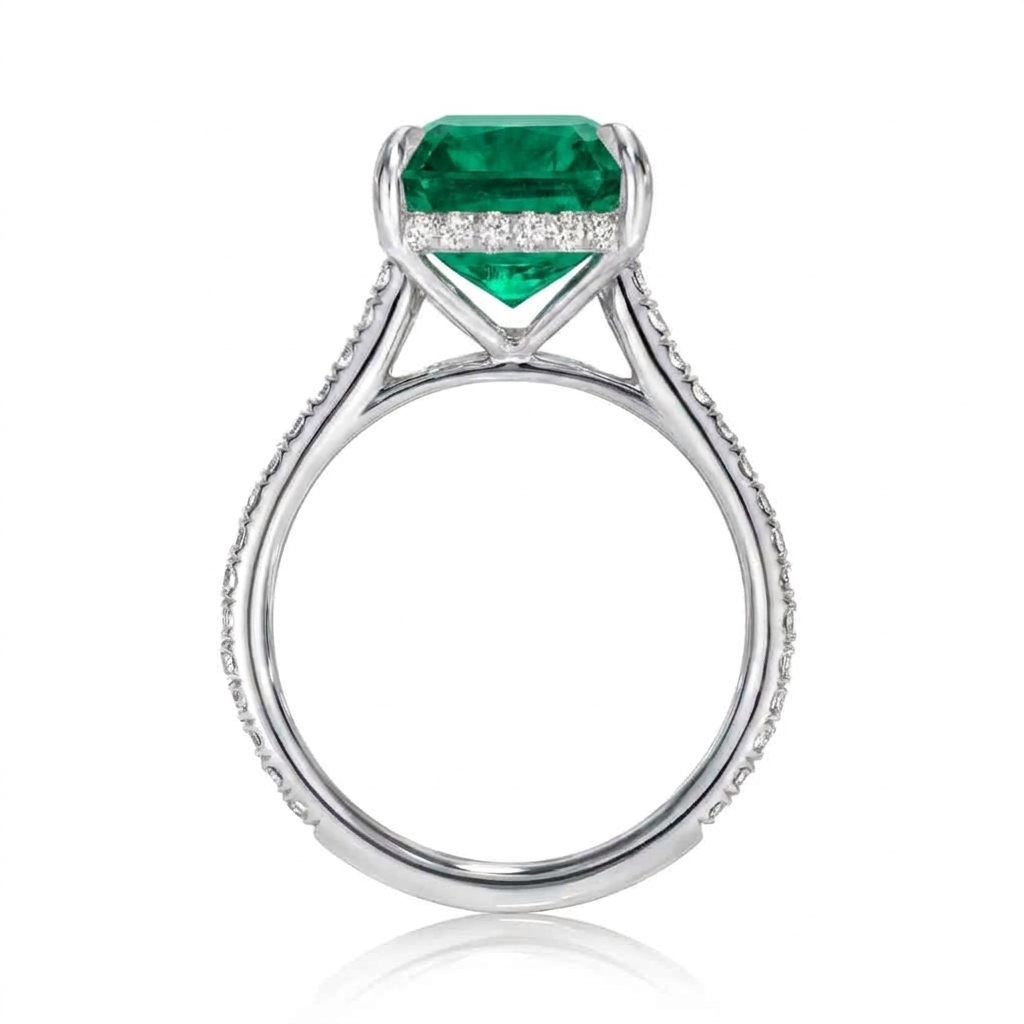 Radiant Cut Lab Emerald & Diamond Solitaire Engagement Ring 18K White Gold (6.35ct)