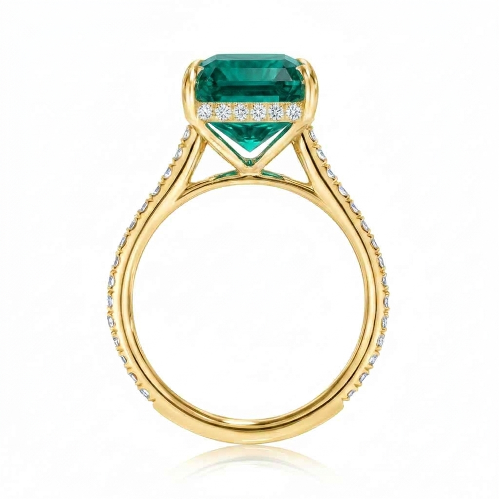 Radiant Cut Lab Emerald & Diamond Solitaire Engagement Ring 18K Yellow Gold (6.35ct)