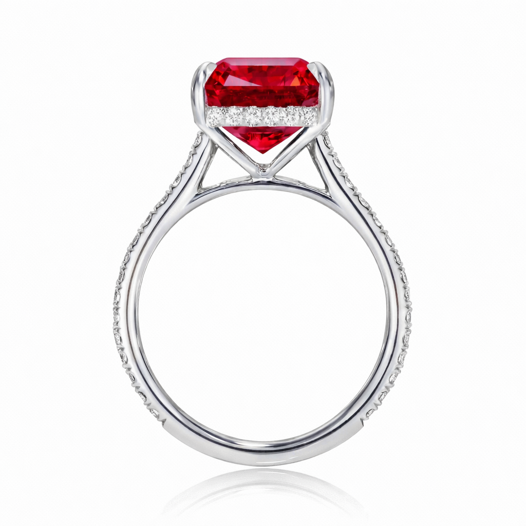 Radiant Cut Lab Ruby & Diamond Solitaire Engagement Ring 18K White Gold (8.90ct)