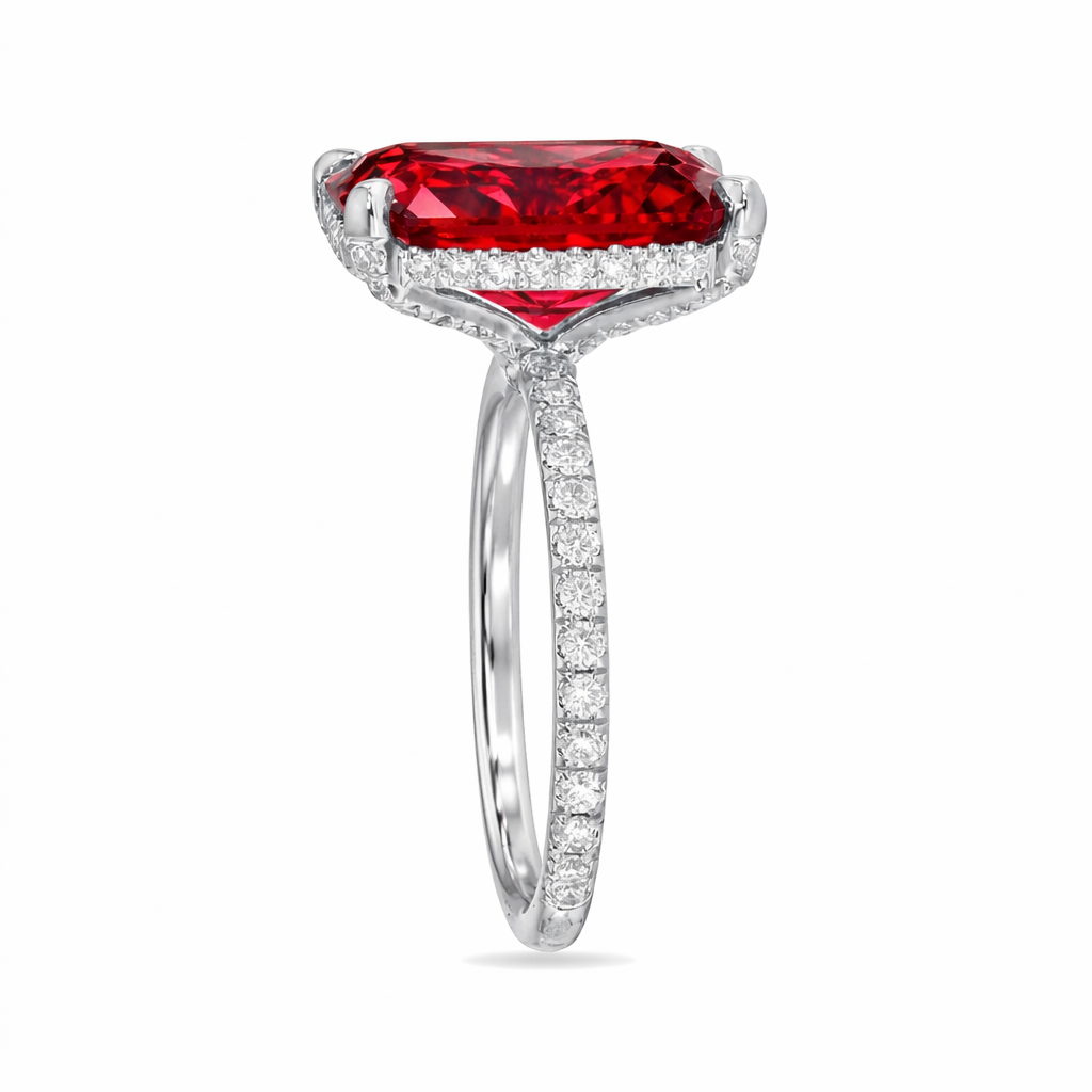 Radiant Cut Lab Ruby & Diamond Solitaire Engagement Ring 18K White Gold (8.90ct)