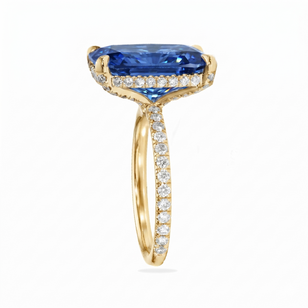 Radiant Cut Lab Blue Sapphire & Diamond Solitaire Engagement Ring 18K Yellow Gold (8.90ct)