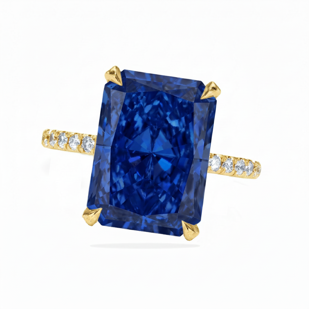 Radiant Cut Lab Blue Sapphire & Diamond Solitaire Engagement Ring 18K Yellow Gold (8.90ct)