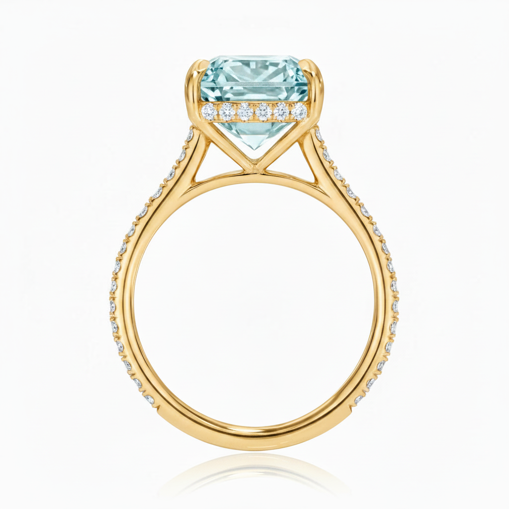 Radiant Cut Lab Aquamarine & Diamond Solitaire Engagement Ring 18K Yellow Gold (6.35ct)