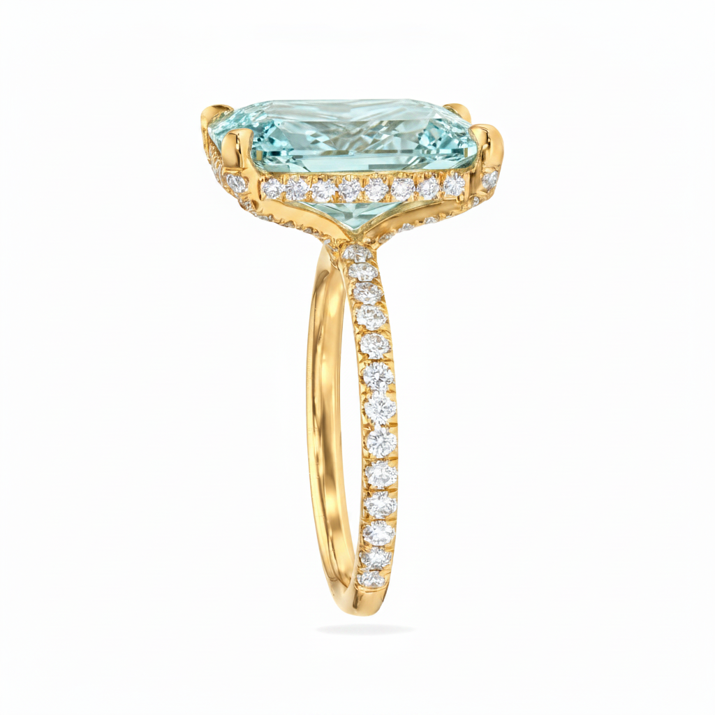 Radiant Cut Lab Aquamarine & Diamond Solitaire Engagement Ring 18K Yellow Gold (6.35ct)