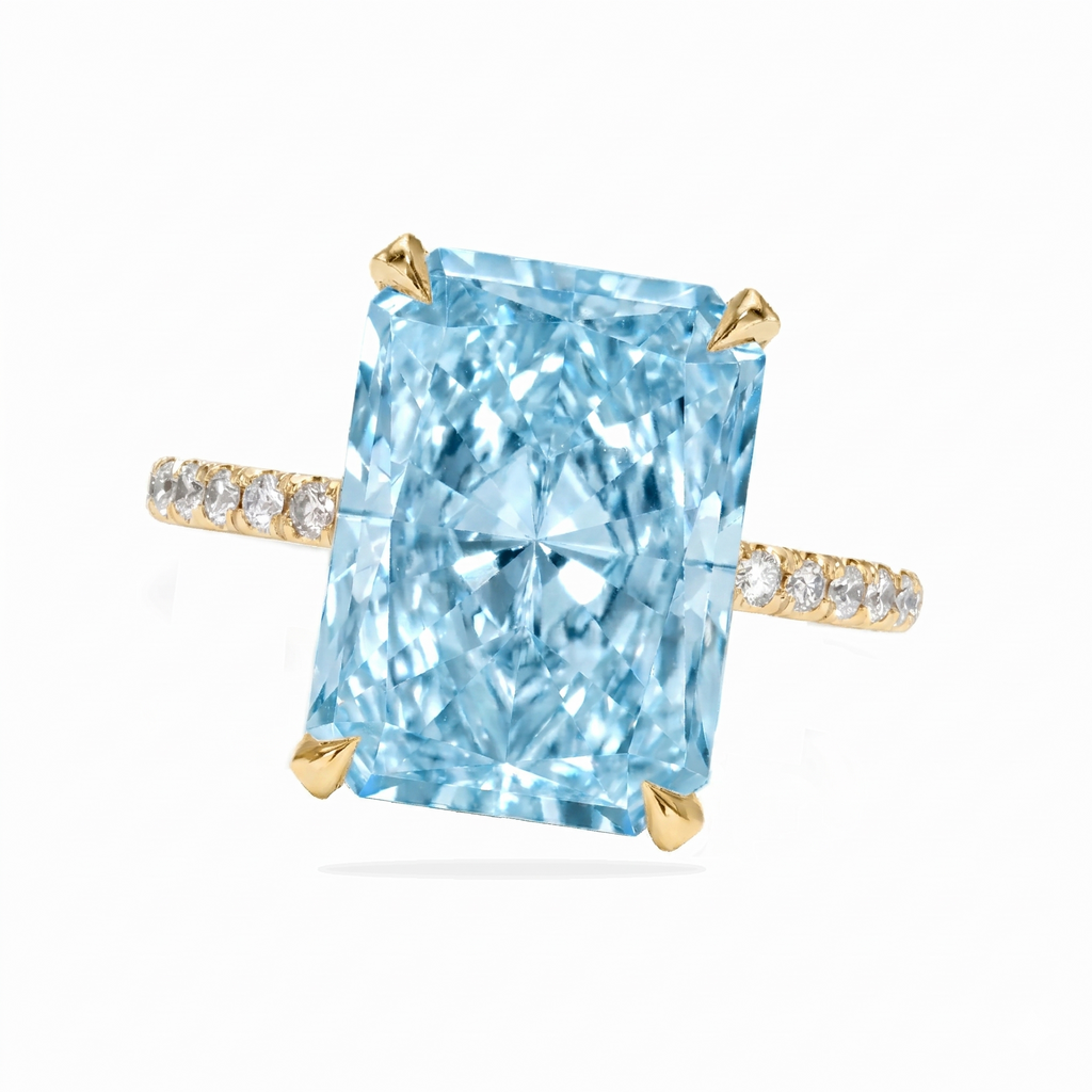 Radiant Cut Lab Aquamarine & Diamond Solitaire Engagement Ring 18K Yellow Gold (6.35ct)
