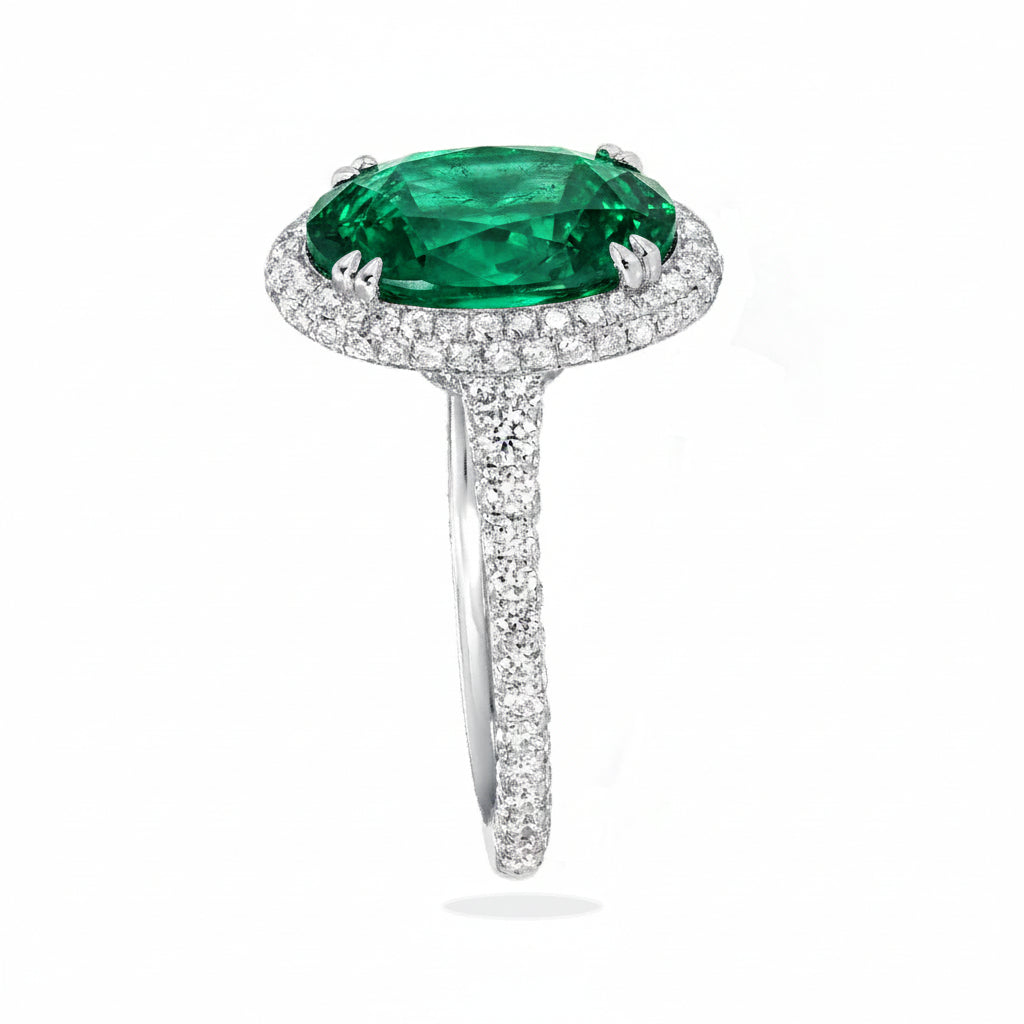 Oval Lab Emerald & Diamond Halo Engagement Ring in Platinum (3.74ct)