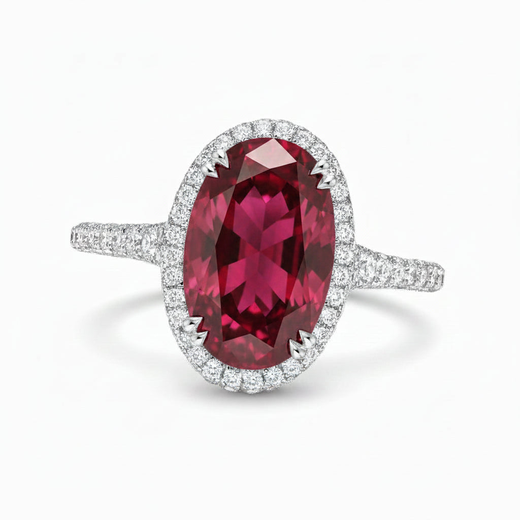 Oval Lab Ruby & Diamond Halo Engagement Ring 18K White Gold (4.83ct)