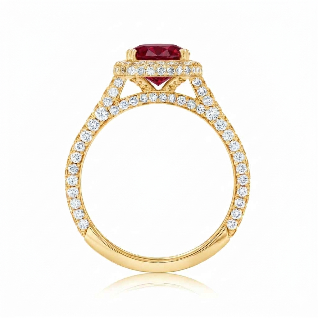 Oval Lab Ruby & Diamond Halo Engagement Ring 18K Yellow Gold (4.83ct)