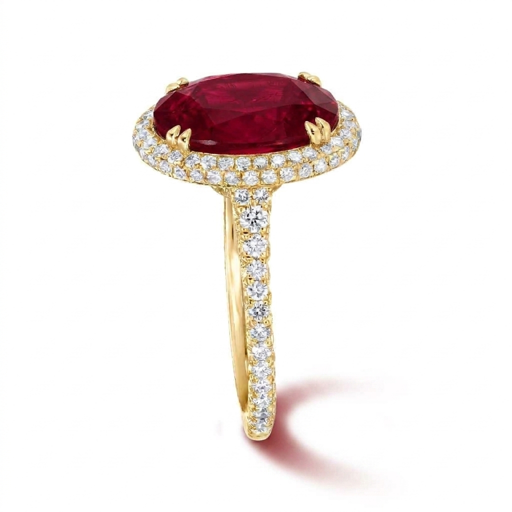 Oval Lab Ruby & Diamond Halo Engagement Ring 18K Yellow Gold (4.83ct)