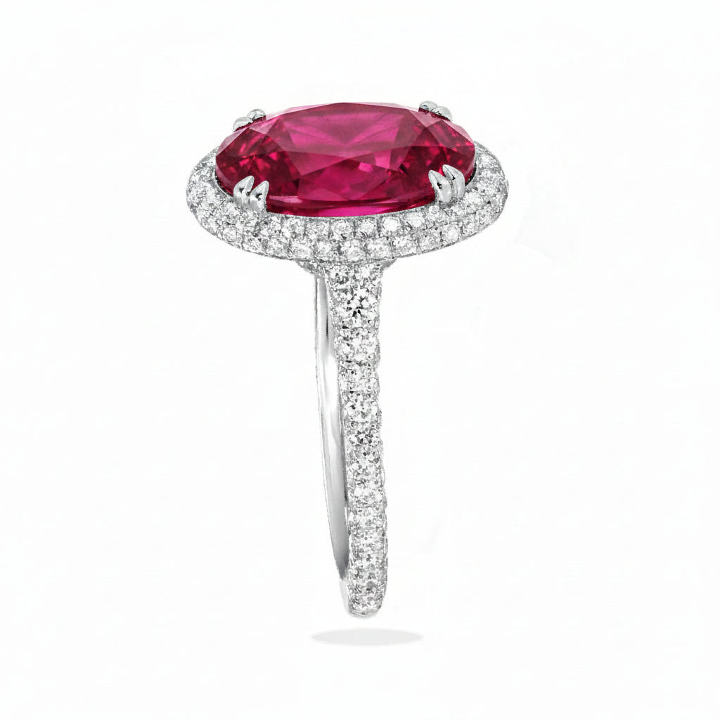 Oval Lab Ruby & Diamond Halo Engagement Ring in Platinum (4.83ct)