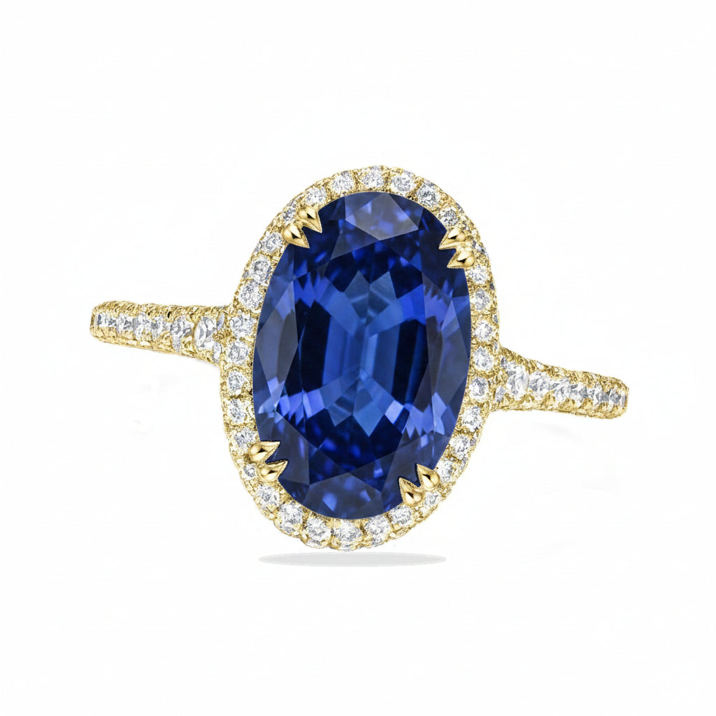 Oval Lab Blue Sapphire & Diamond Halo Engagement Ring 18K Yellow Gold (4.83ct)