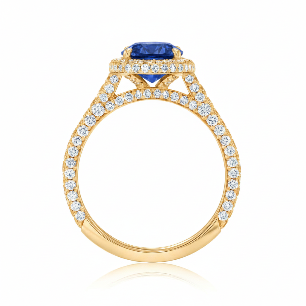 Oval Lab Blue Sapphire & Diamond Halo Engagement Ring 18K Yellow Gold (4.83ct)