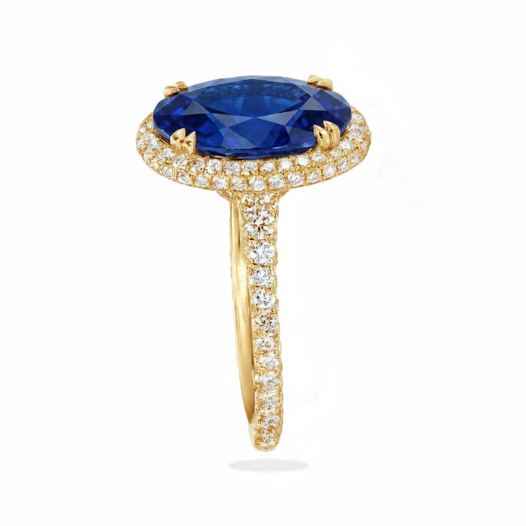 Oval Lab Blue Sapphire & Diamond Halo Engagement Ring 18K Yellow Gold (4.83ct)