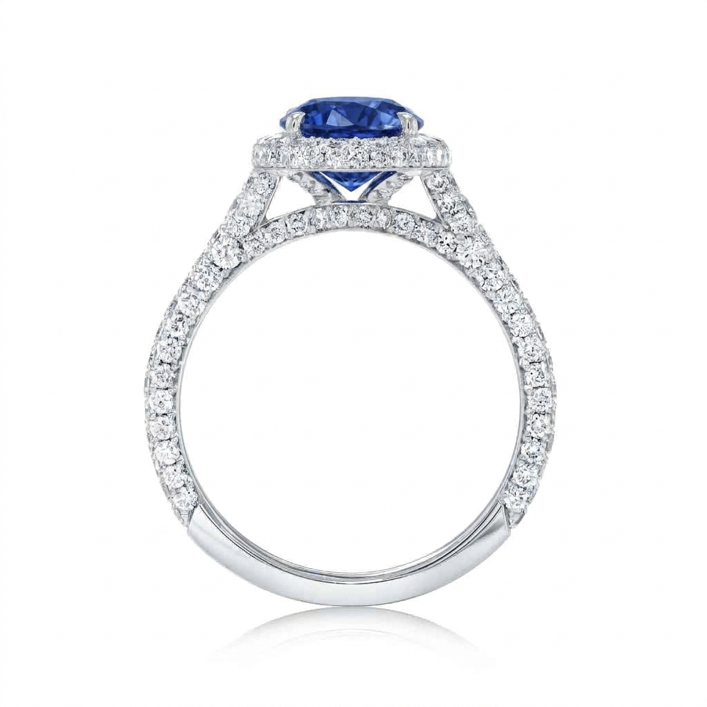 Oval Lab Blue Sapphire & Diamond Halo Engagement Ring in Platinum (4.83ct)