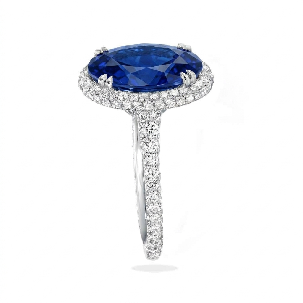 Oval Lab Blue Sapphire & Diamond Halo Engagement Ring in Platinum (4.83ct)