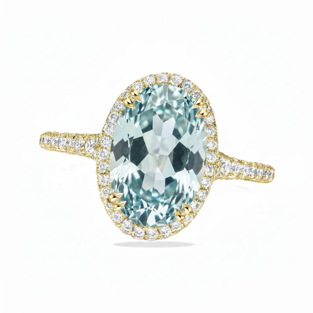 Oval Lab Aquamarine & Diamond Halo Engagement Ring 18K Yellow Gold (3.74ct)