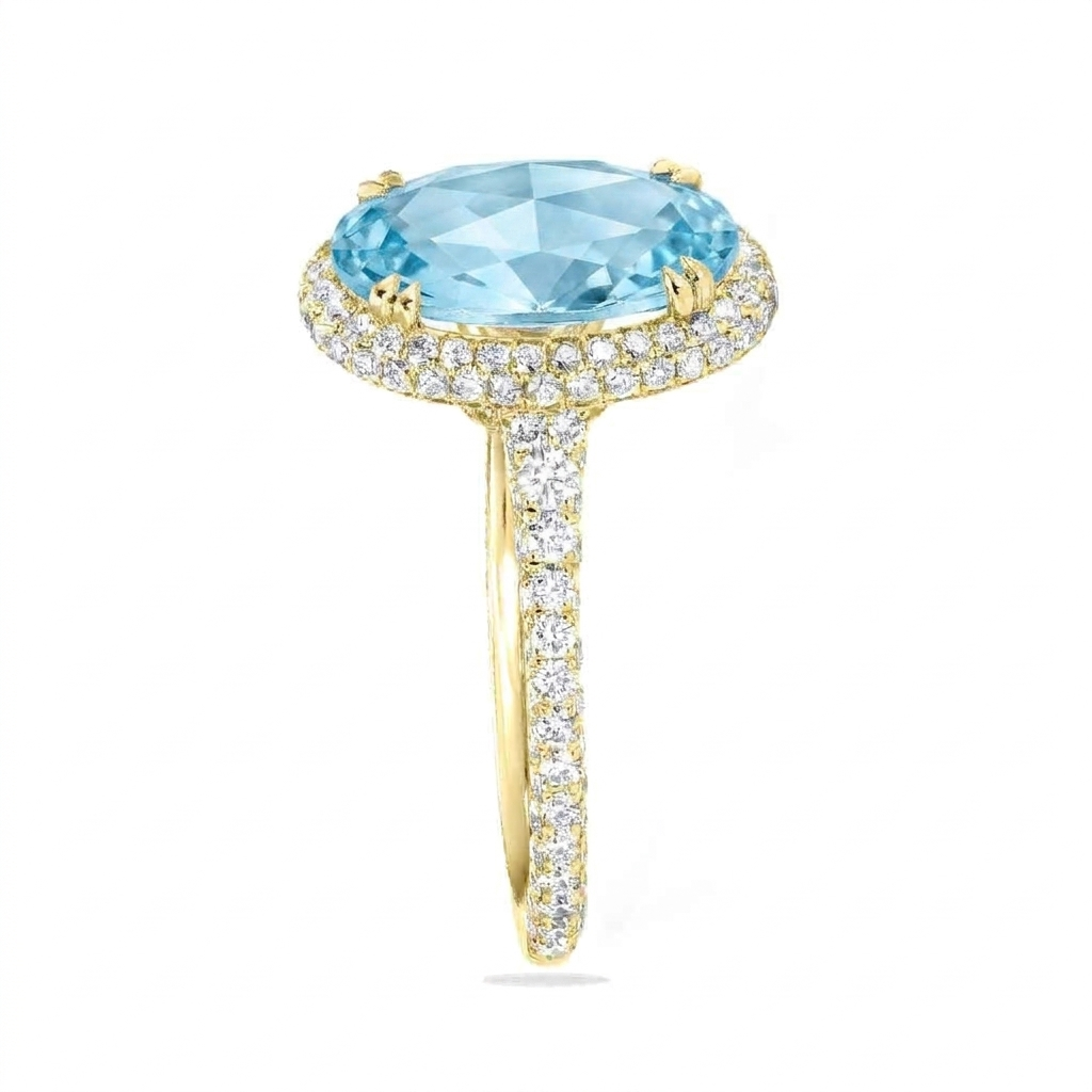 Oval Lab Aquamarine & Diamond Halo Engagement Ring 18K Yellow Gold (3.74ct)