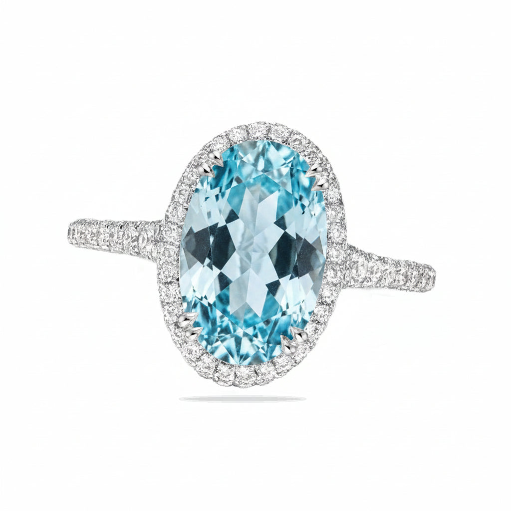 Oval Lab Aquamarine & Diamond Halo Engagement Ring in Platinum (3.74ct)