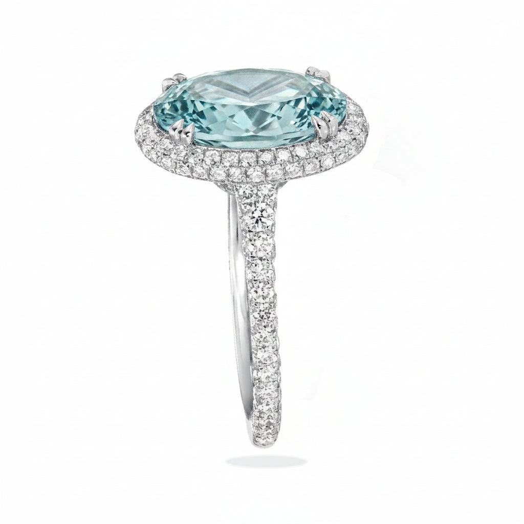 Oval Lab Aquamarine & Diamond Halo Engagement Ring in Platinum (3.74ct)