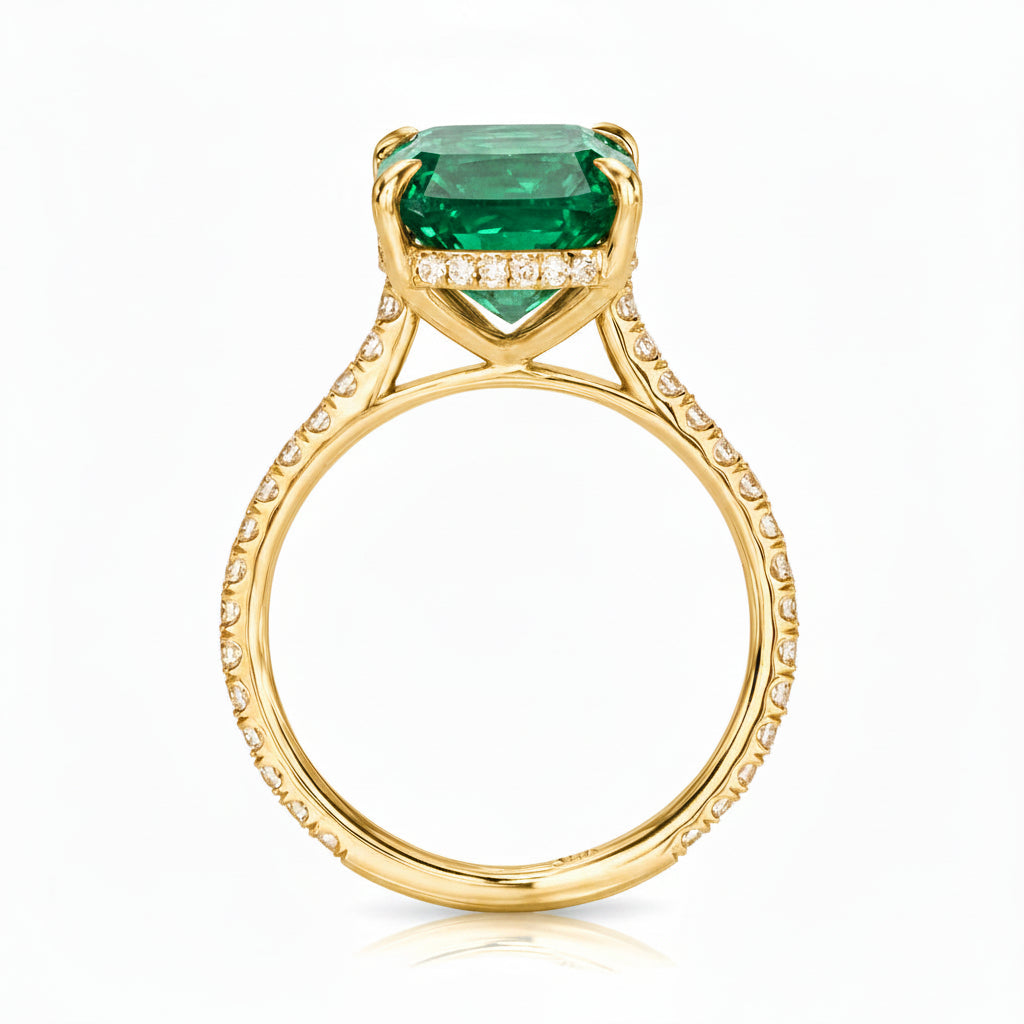 Elongated Cushion Lab Emerald & Diamond Engagement Ring 18K Yellow Gold (3.61ct)