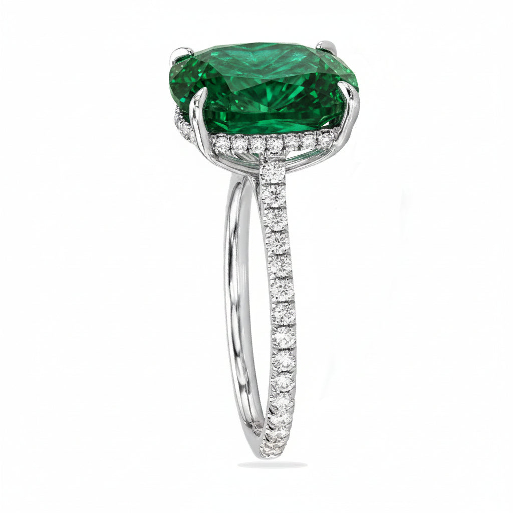 Elongated Cushion Lab Emerald & Diamond Engagement Ring in Platinum (3.61ct)