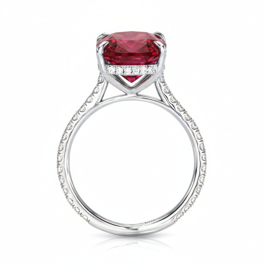 Elongated Cushion Lab Ruby & Diamond Engagement Ring 18K White Gold (5.06ct)
