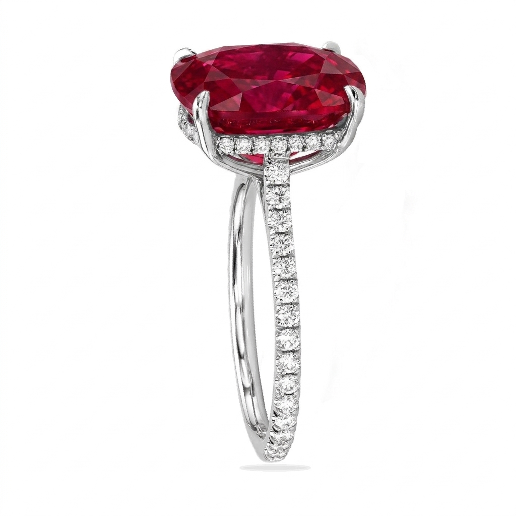 Elongated Cushion Lab Ruby & Diamond Engagement Ring 18K White Gold (5.06ct)