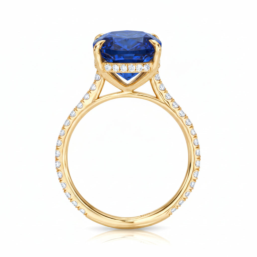 Elongated Cushion Lab Blue Sapphire & Diamond Engagement Ring 18K Yellow Gold (5.06ct)